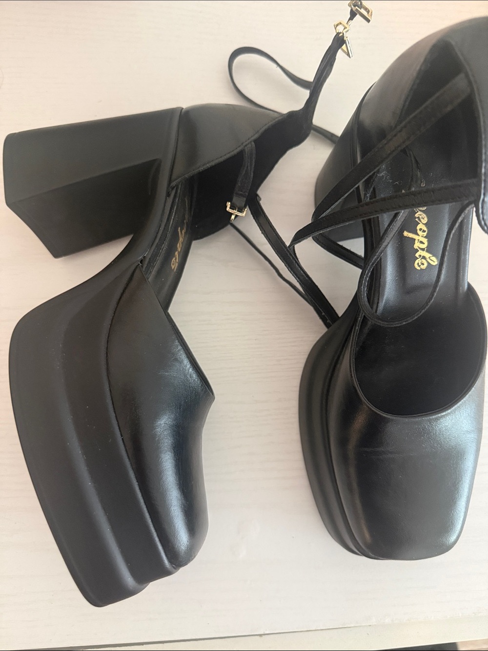 Free People Mary Jane’s Black Square-Toe Platform 3 Ankle-Strap Heels - Picture 4 of 6